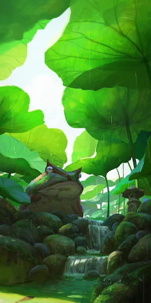 Frog Art, Lotus Pond, Waterfall Scene, Illustration Full HD iPhone Wallpaper Background