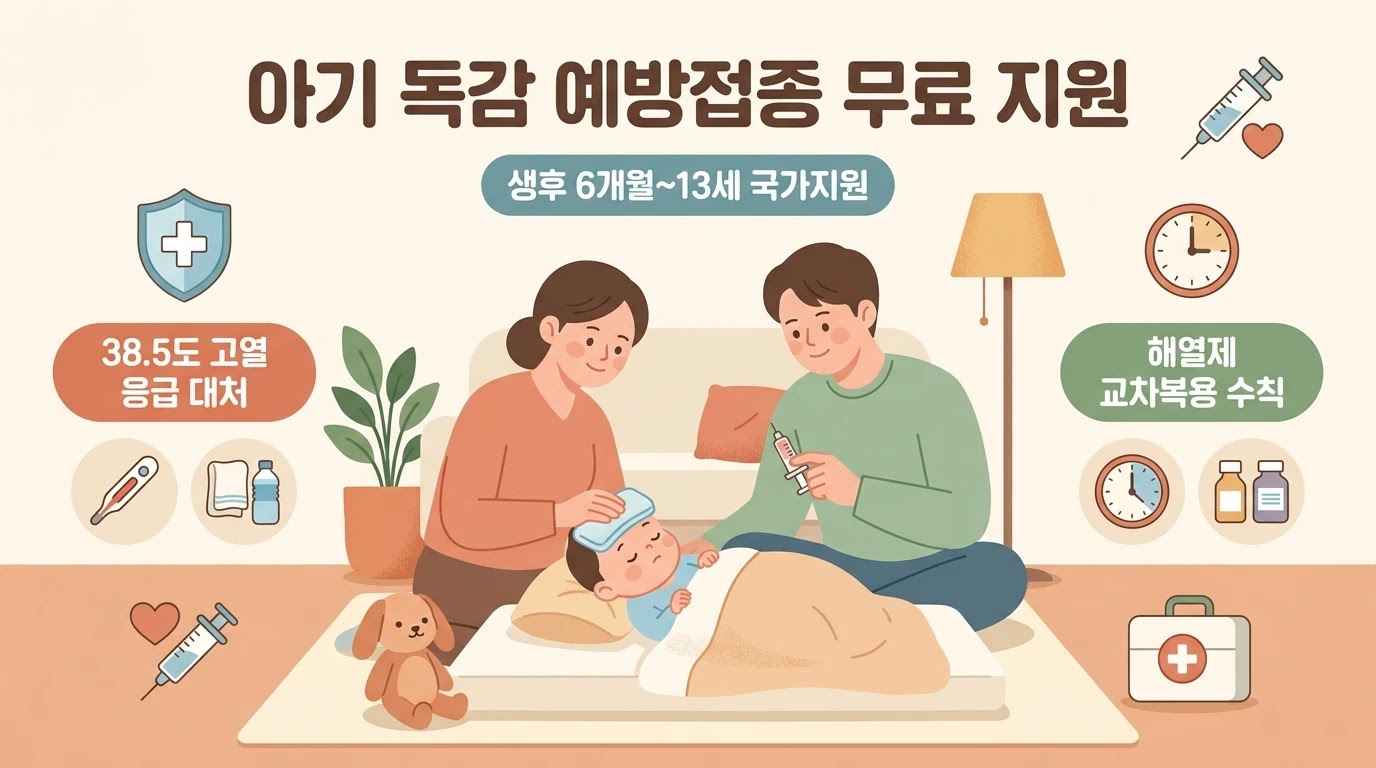 아기 독감 예방접종 국가지원 및 고열 응급처치 인포그래픽