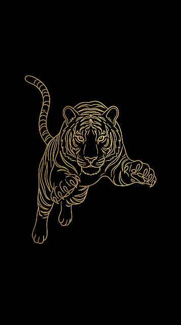 Detailed Golden Line Art Illustration of Pouncing Tiger on Black Background - Free mobile Wallpaper