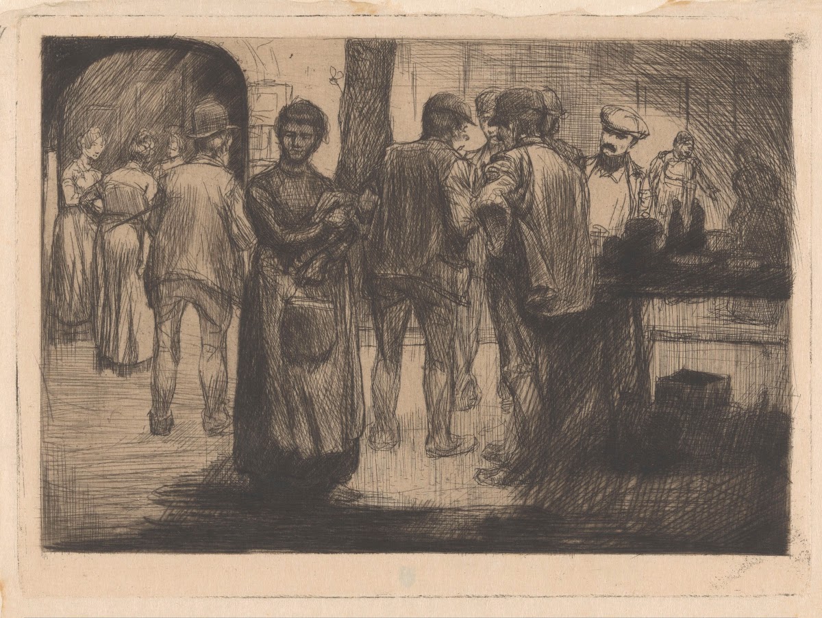 Marktscène met mannen en vrouwen