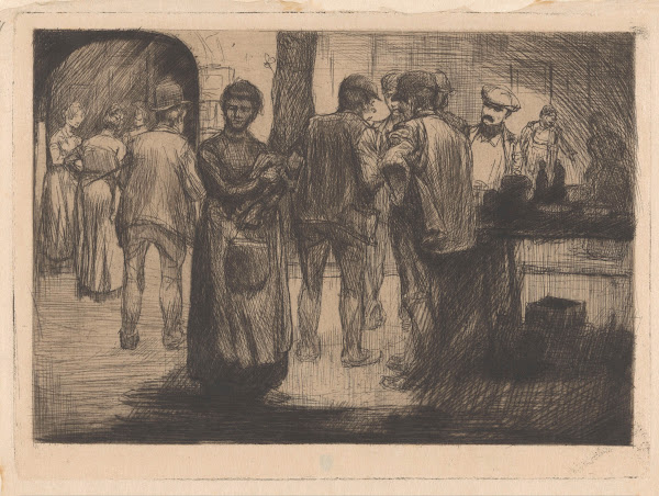 Marktscène met mannen en vrouwen