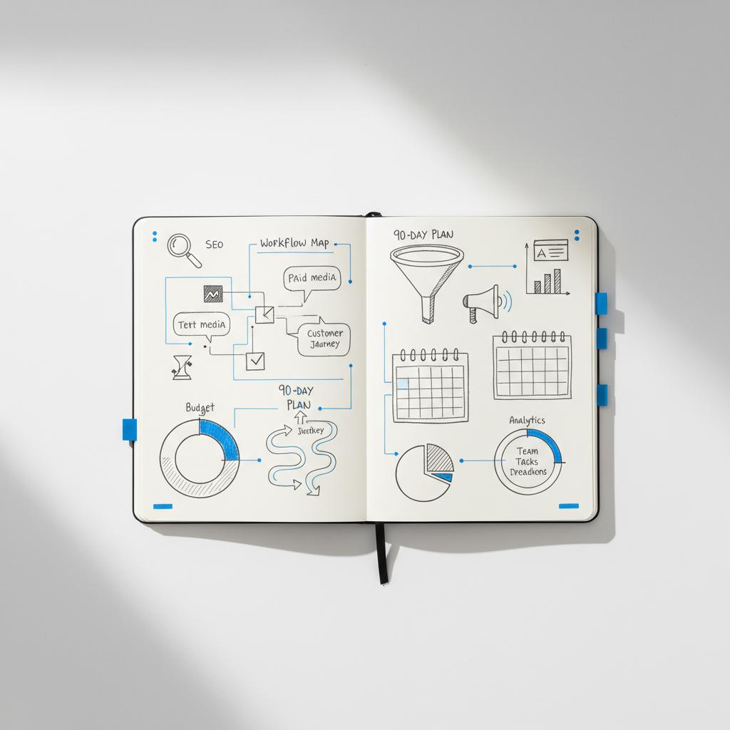 Flat-lay notebook and sticky markers with hand-sketched workflow maps, a 90-day plan and icons for SEO, paid media and analytics to hire digital marketing agency
