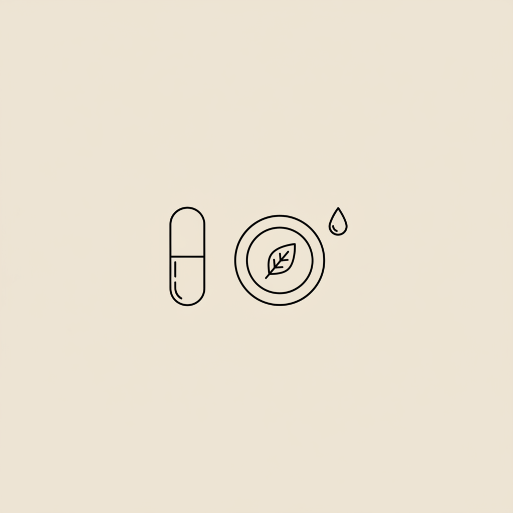 Minimalist line-art of a capsule, small plate with a leaf and a water droplet on a beige background representing multivitamin during weight loss