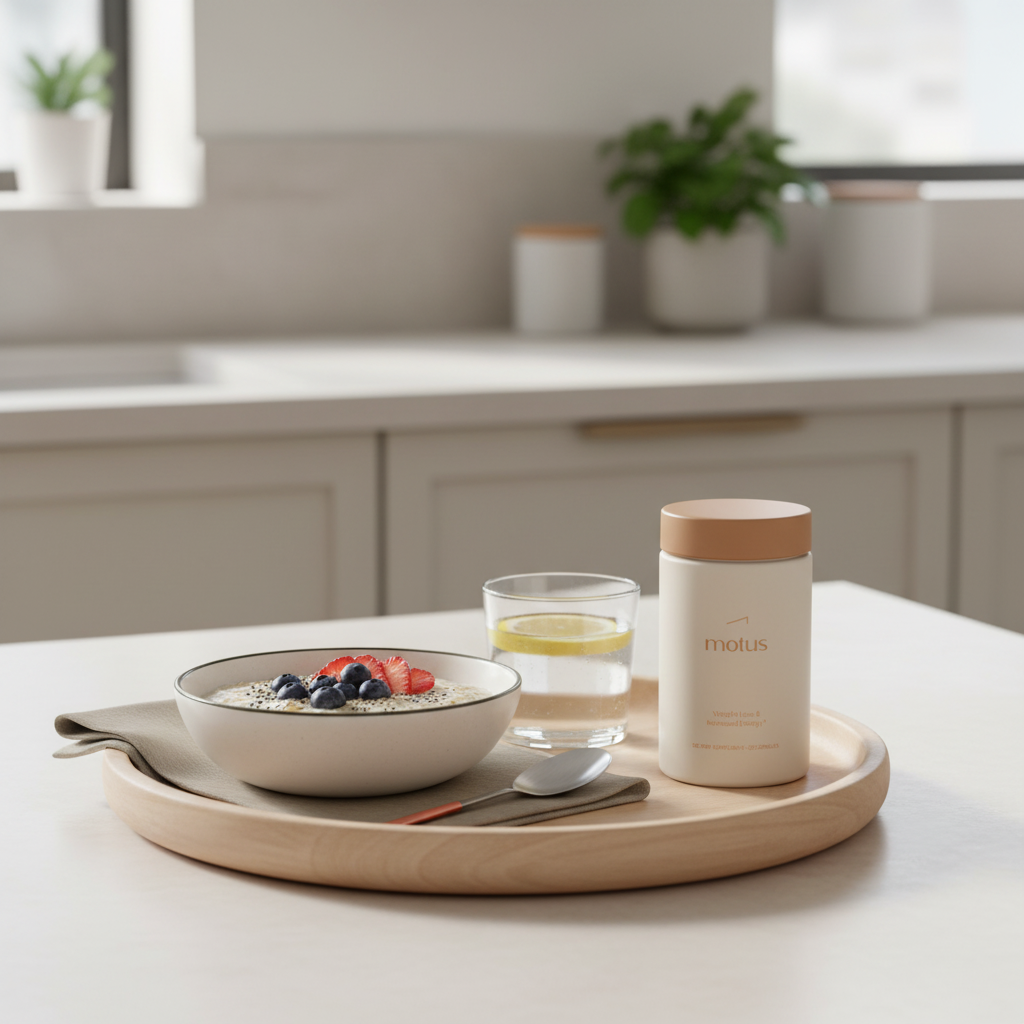Tonum Motus supplement jar on a wooden breakfast tray with oatmeal, berries and water in a soft-focus kitchen, minimalist composition highlighting holistic medicine effectiveness.