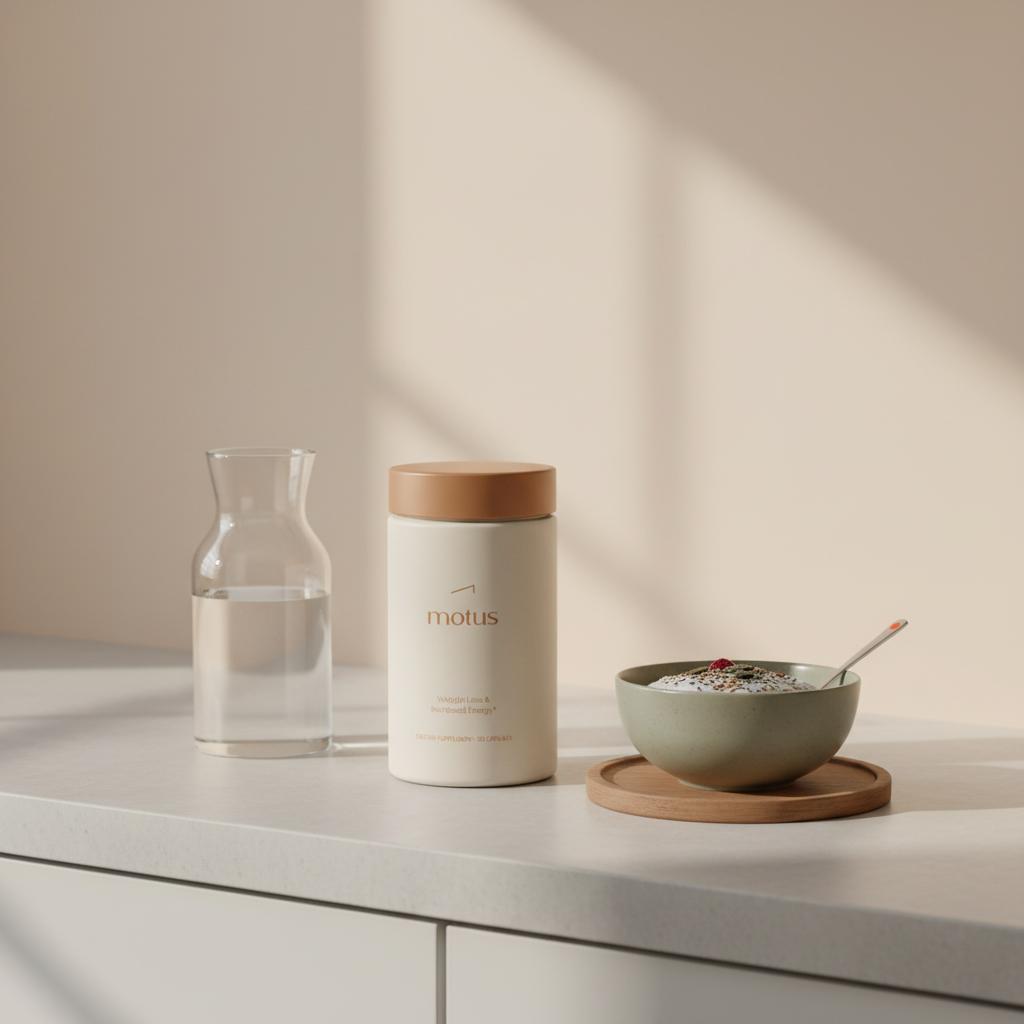 Minimalist kitchen counter with Tonum Motus container beside a glass carafe of water and a small bowl of fiber-rich food, clean morning routine scene, best supplement to lower glucose