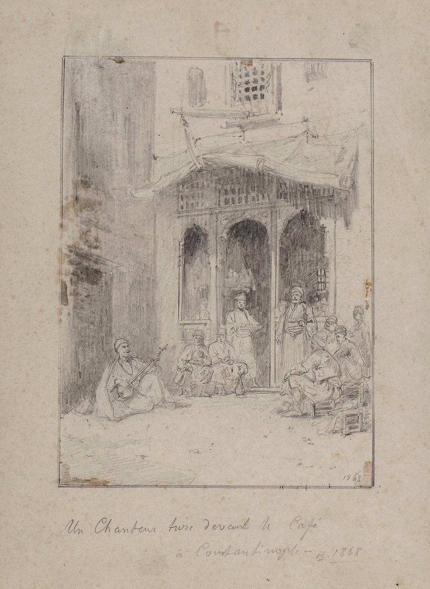 Turkish singer in front of a cafe in Constantinople 1868