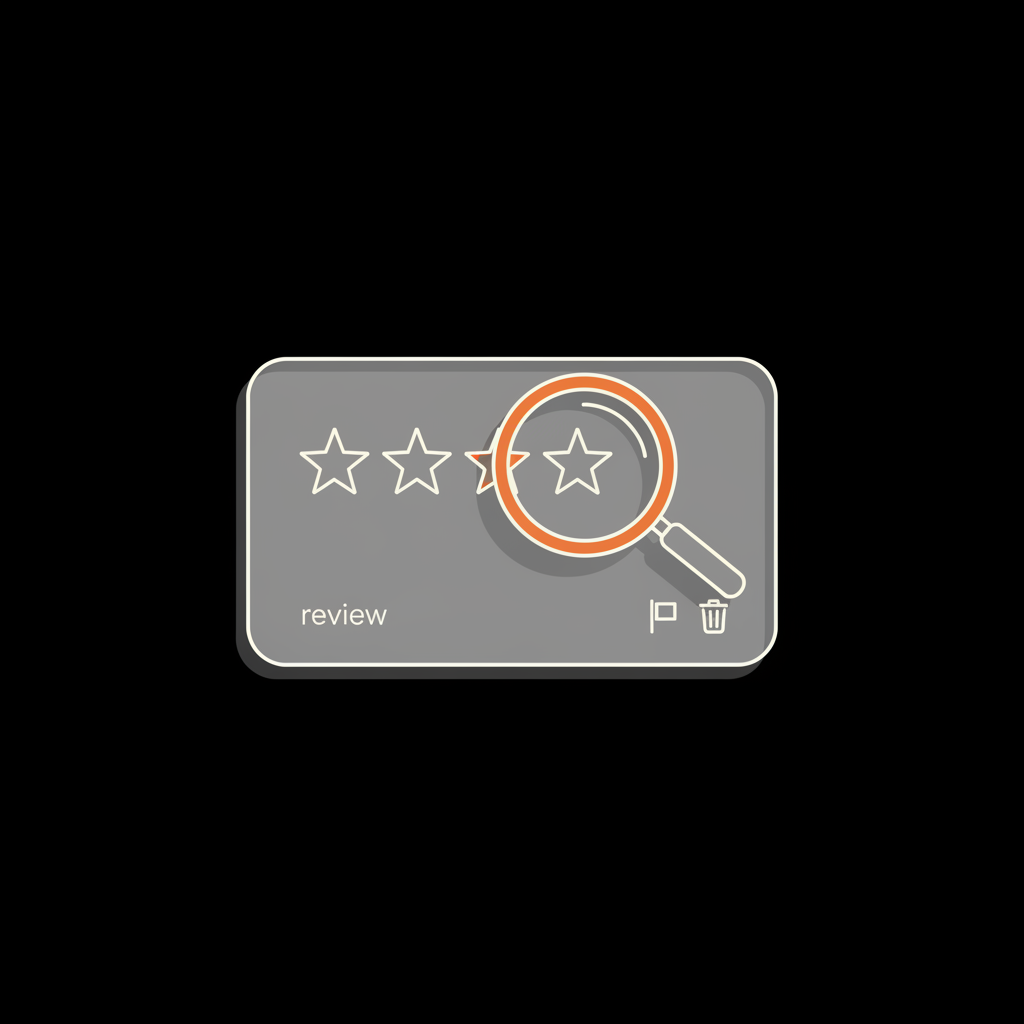 Minimal vector of magnifying glass over a review card on black background with pale labels #edf1e9 and accent #dc5c2b — How do I get Google to remove old reviews?