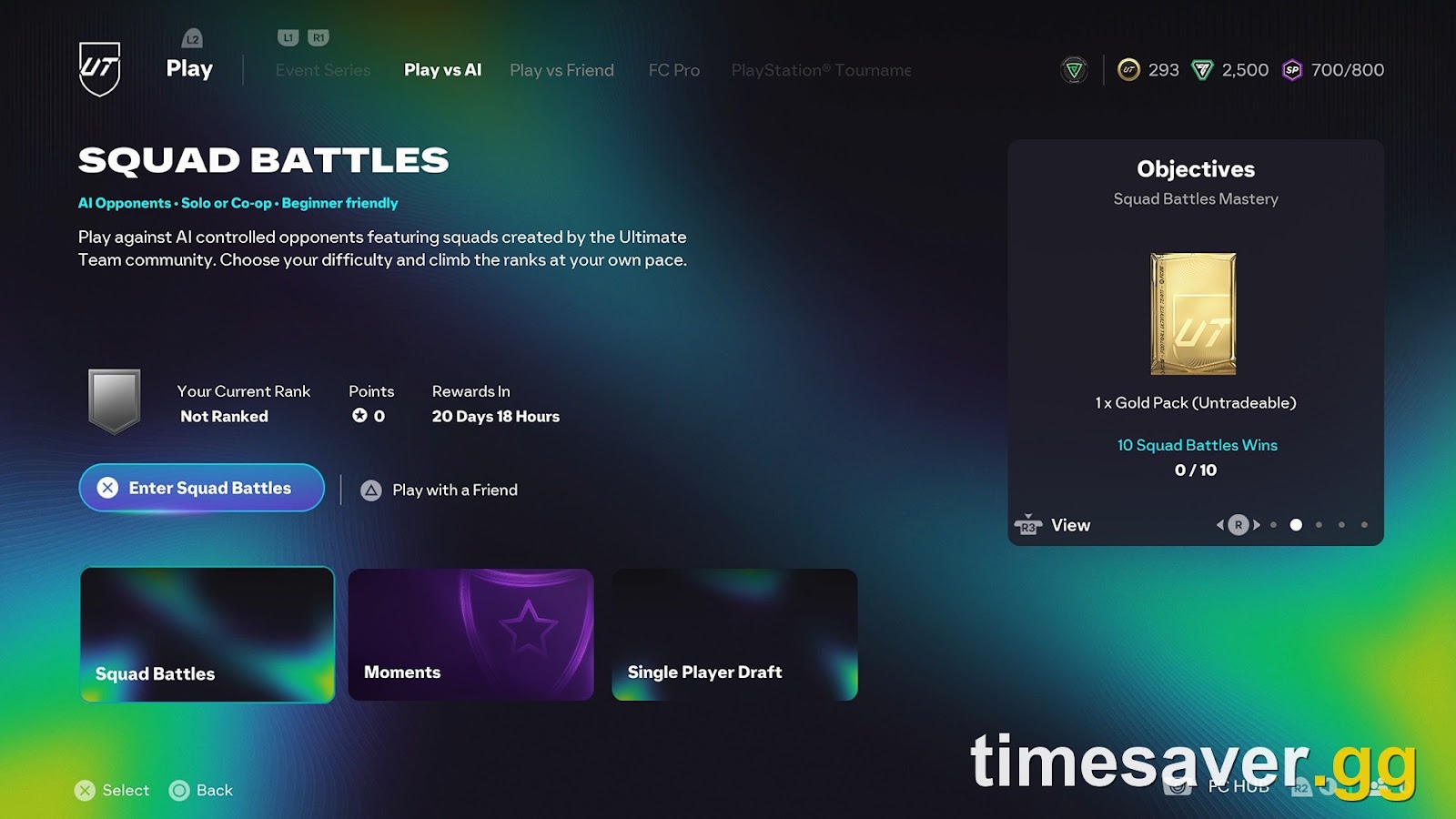 EA FC 26 Ultimate Team Squad Battles menu showing rewards countdown and coin balance