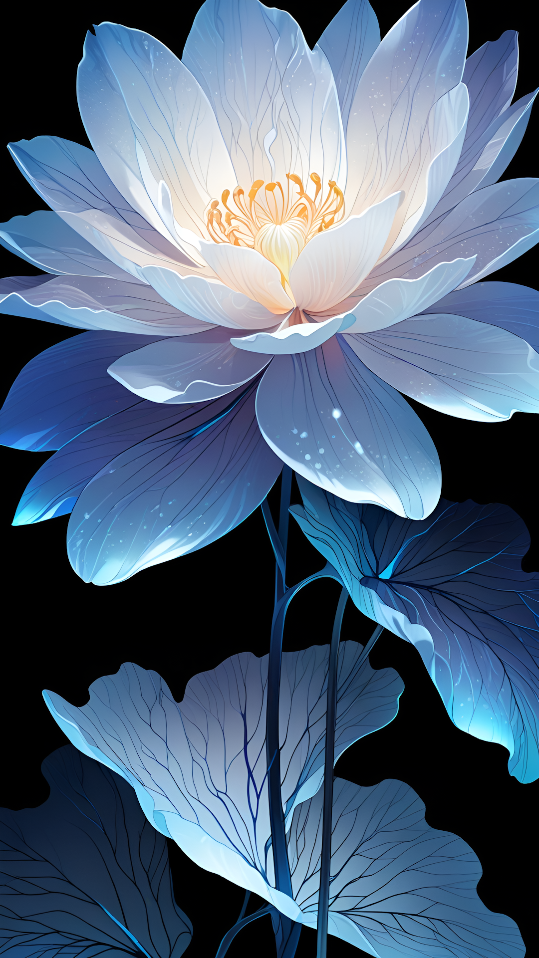 Luminous Blue Lotus Flower on Black Background - Free 4K mobile Wallpaper
