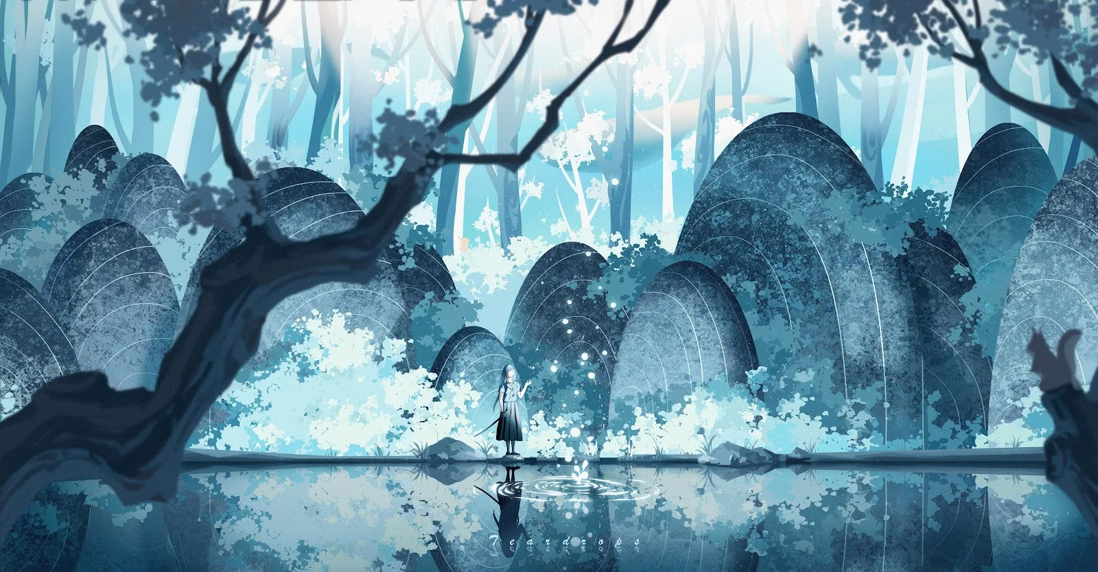 Anime, Anime Girls, Standing, Reflection, Trees 4K Desktop Wallpaper Background (5315x2772) Free Download