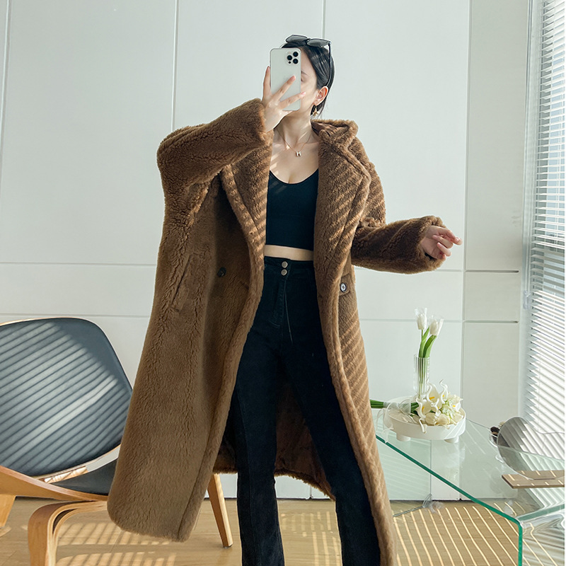 Teddy coat with hood, mid-length, women