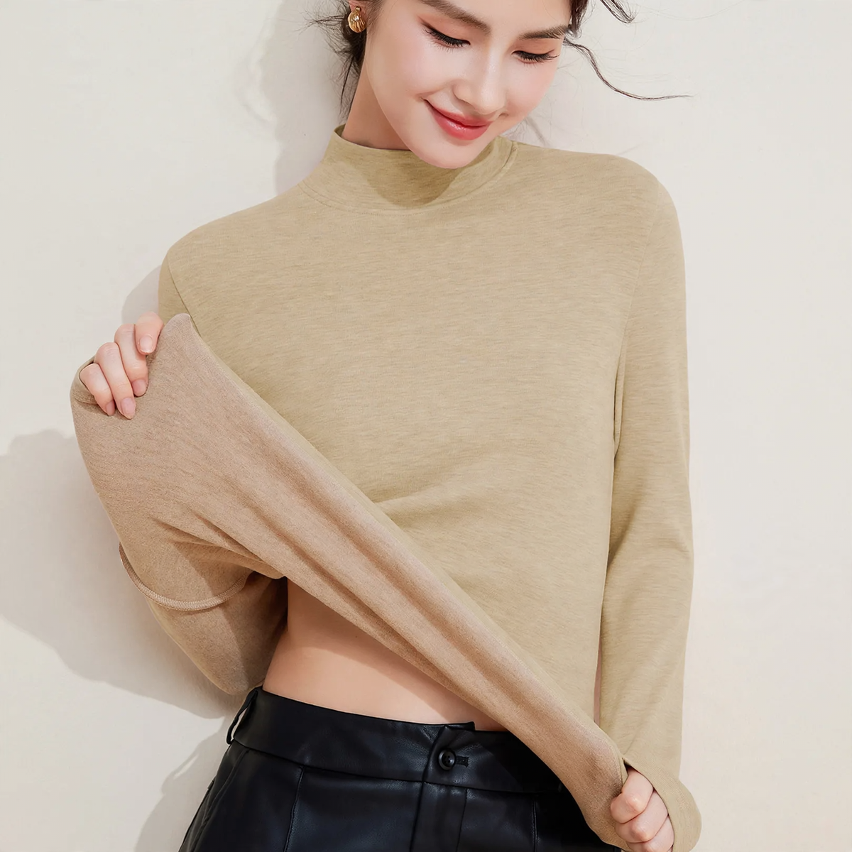 Women's thermal base layer shirt with stand-up collar, lined