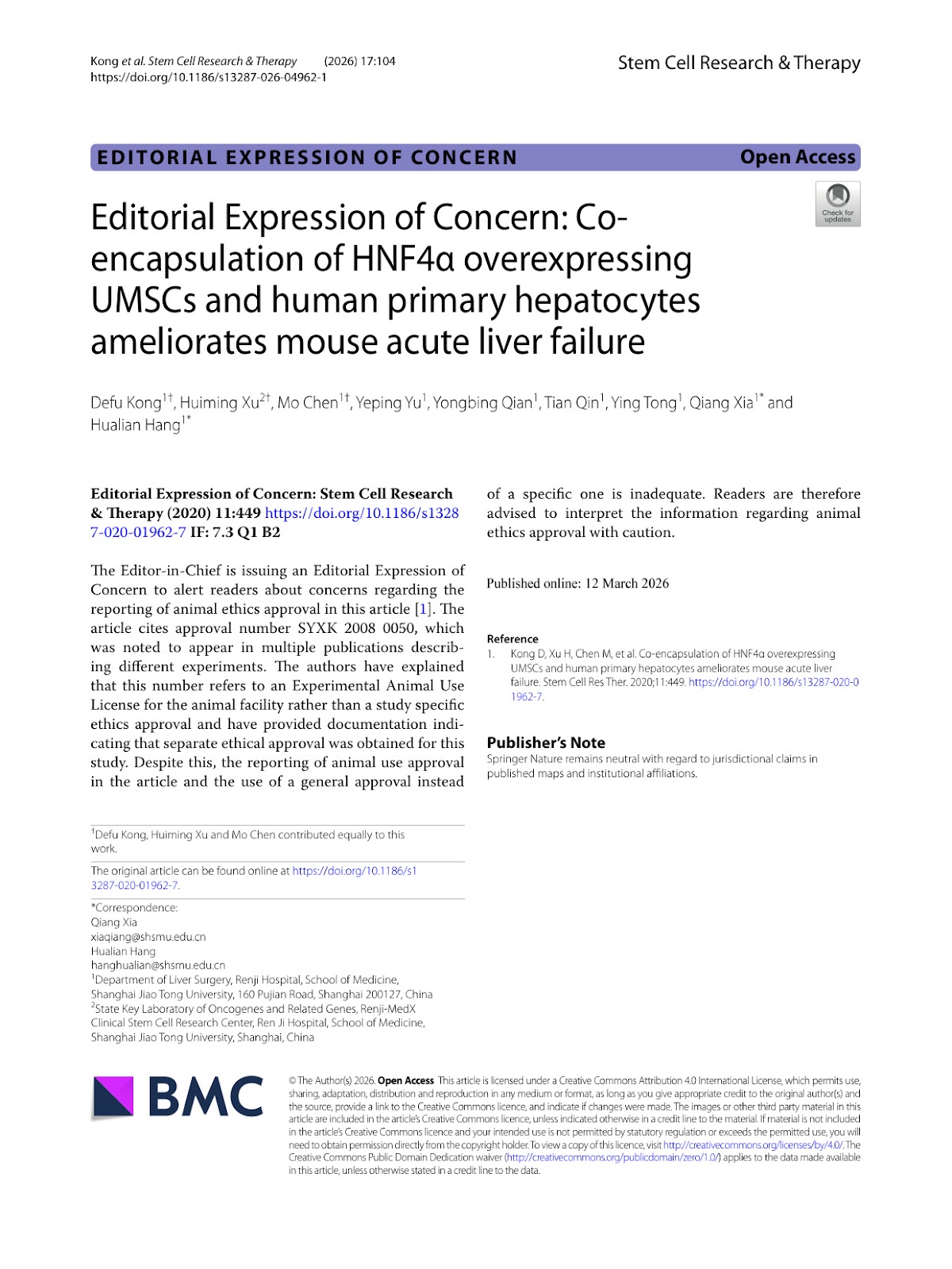 Editorial Expression of Concern: Co-encapsulation of HNF4α overexpressing UMSCs and human primary hepatocytes ameliorates mouse acute liver failure