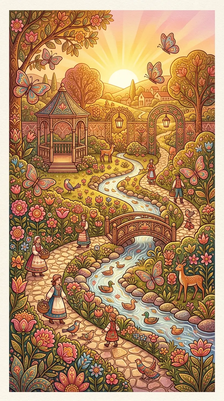 Ornate Garden Scene at Dawn with Intricate Flowers and Butterflies - Free 4K mobile Wallpaper