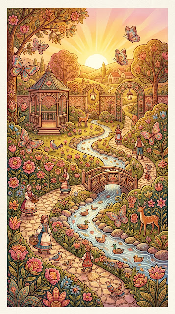 Ornate Garden Scene at Dawn with Intricate Flowers and Butterflies - Free mobile Wallpaper