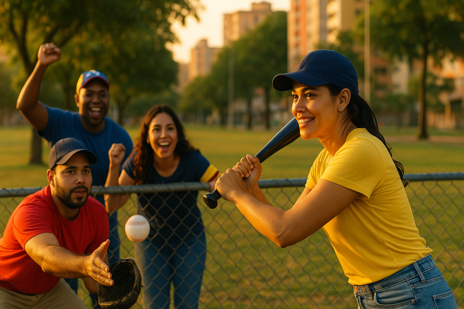 Venezolanos jugando beisbol recreativo en un parque urbano al atardecer