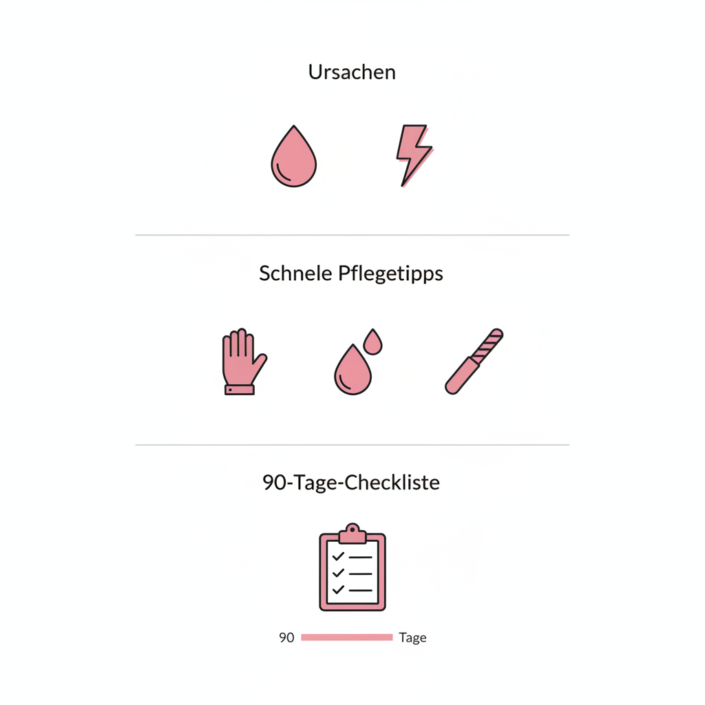 Minimalistische 2D-Vektor-Infografik zu brüchige Nägel im Alter: drei horizontale Bereiche (Ursachen, schnelle Pflegetipps, 90-Tage-Checkliste) mit klaren Icons in NailX-Farben.