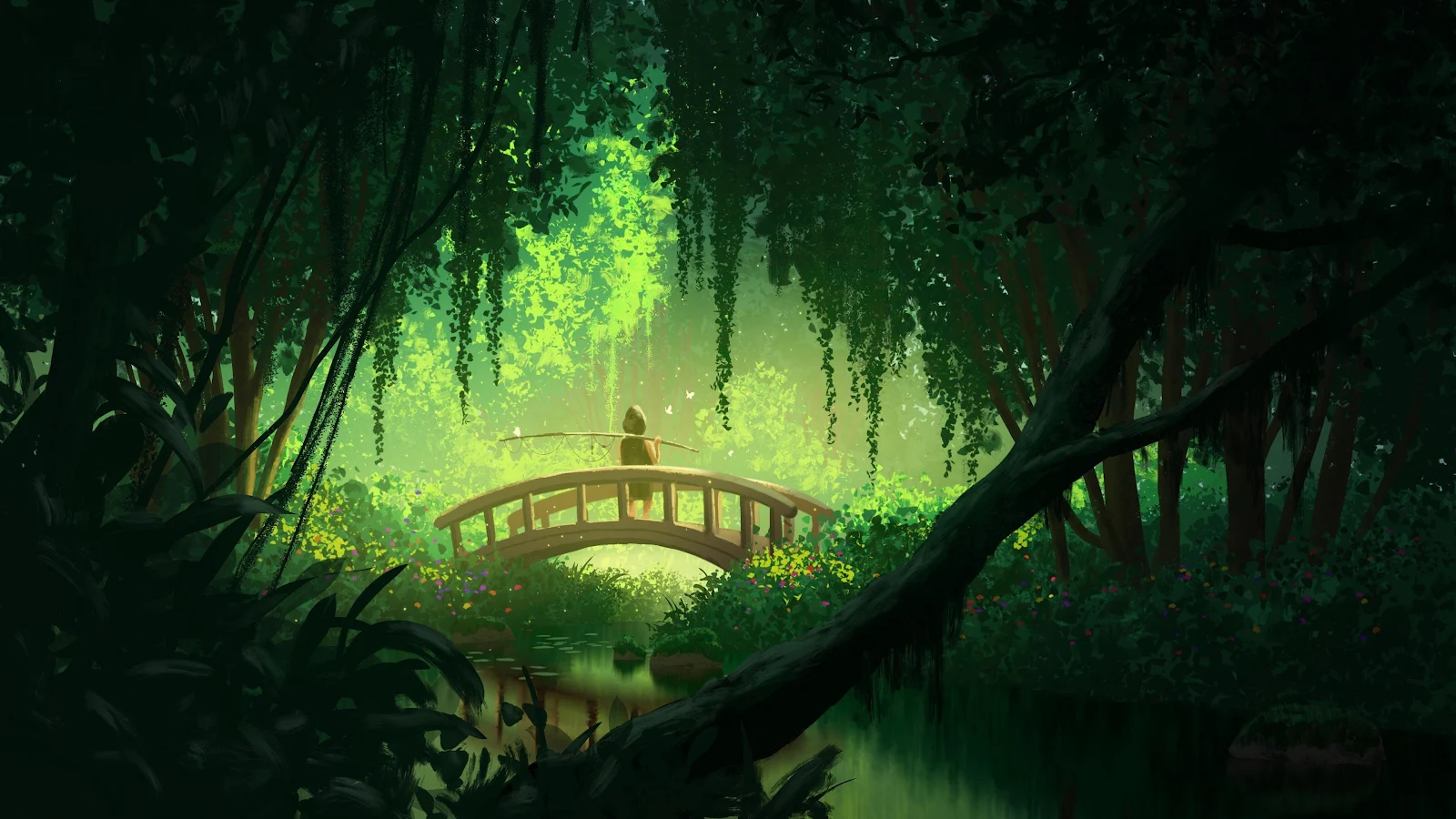 Small Bridge In Lush Forest - Digital Illustration 4K Wallpaper (3840x2160)