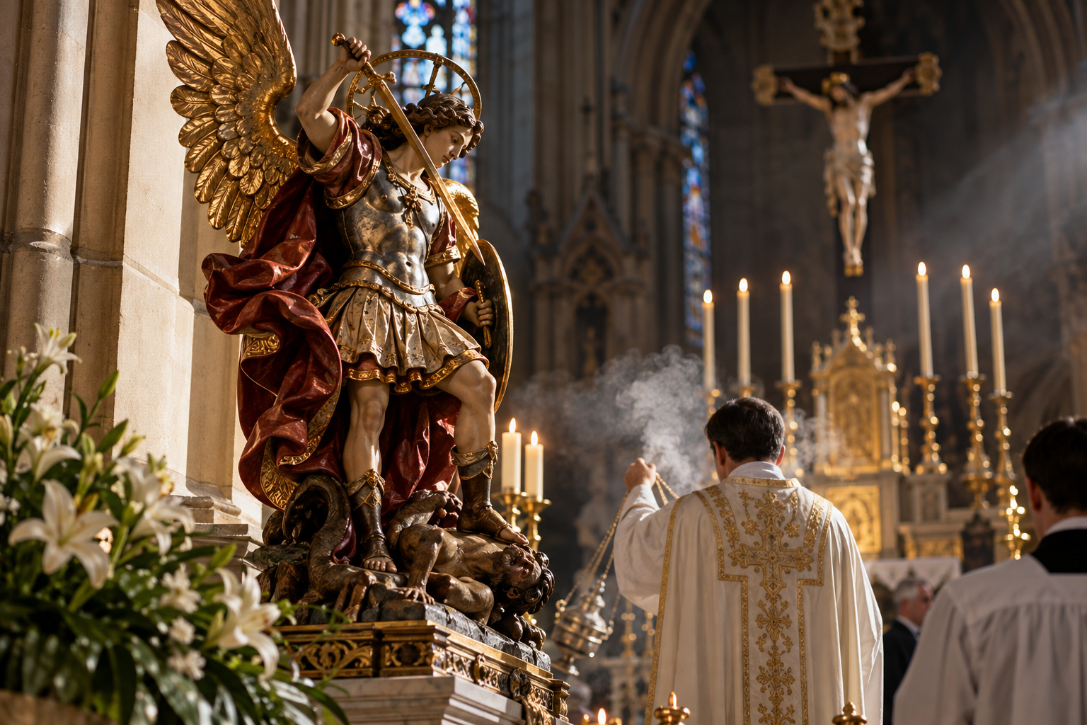 Imagem editorial evocativa de São Miguel Arcanjo e sacerdote em igreja católica.