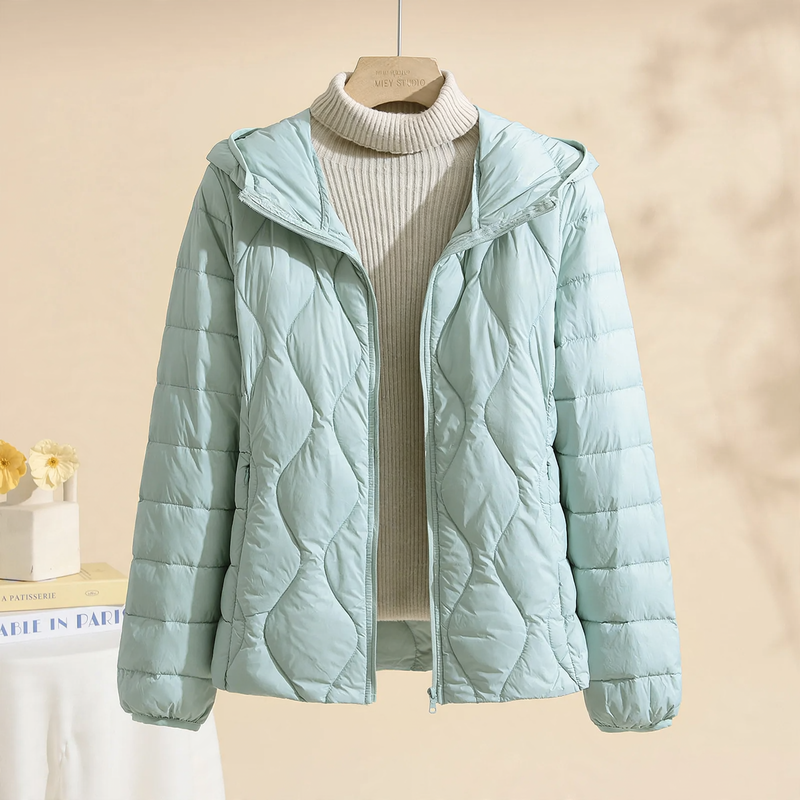 Lightweight, thin down jacket with a hood for women