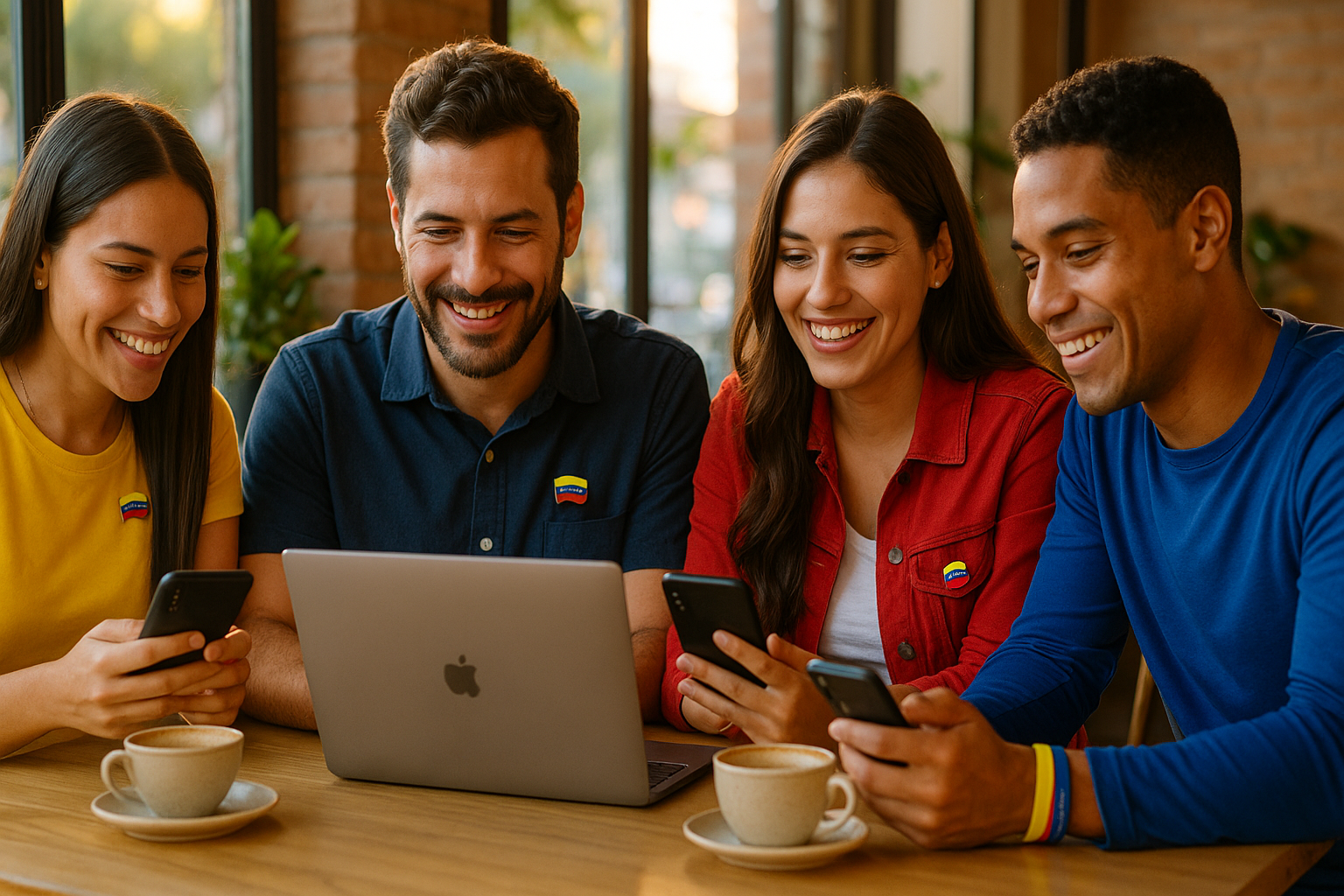 Grupo diverso de venezolanos compartiendo información laboral en una mesa, sonriendo y conectados por sus teléfonos.
