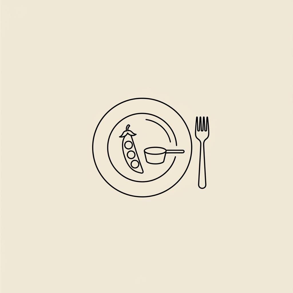 Minimal line illustration of a plate with a fork, stylized pea pod and a small protein scoop with a motion line, representing the 30/30/30 rule for vegans