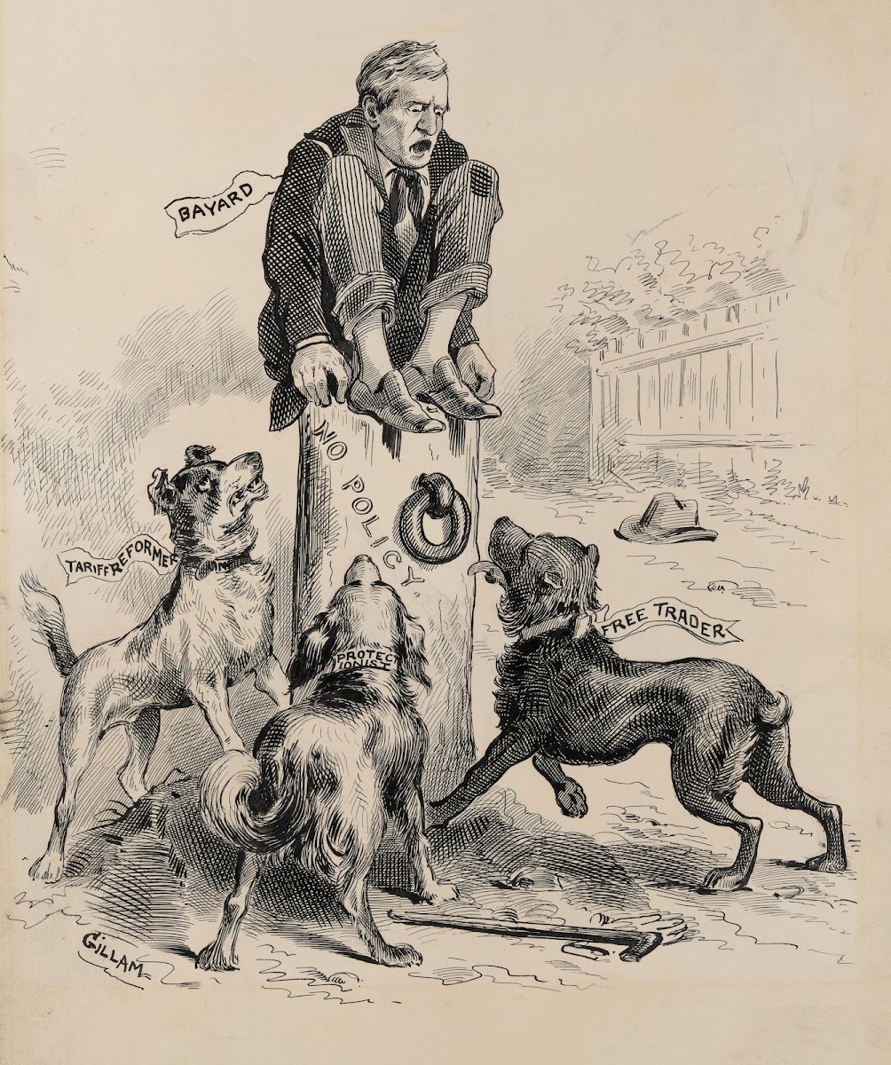 Bayard crouching atop tree stump No Policy terrorized by three angry dogs Tariff
