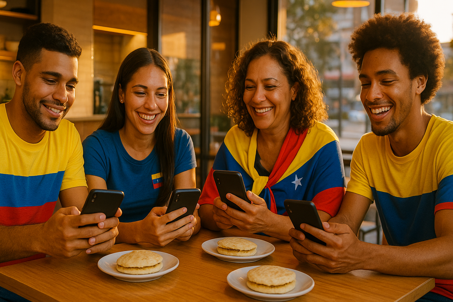 Venezolanos reunidos en una arepera moderna, compartiendo oportunidades desde sus teléfonos con sonrisas