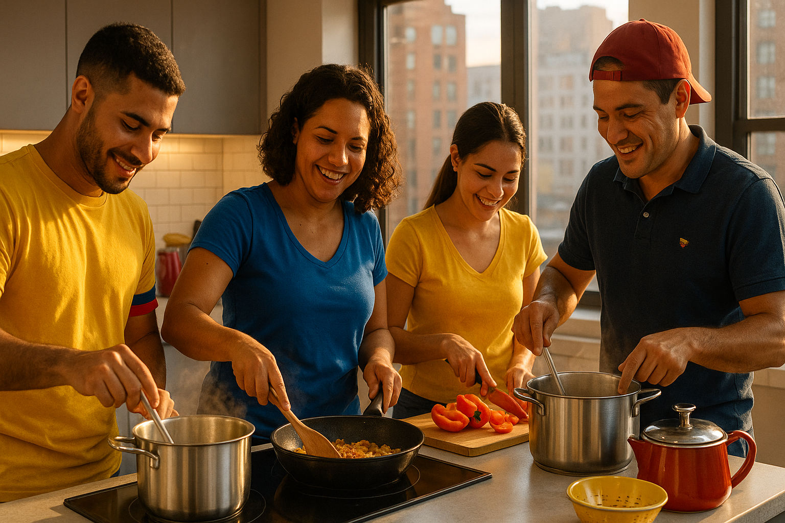 Cocineros venezolanos trabajando en una cocina compartida moderna en el exterior