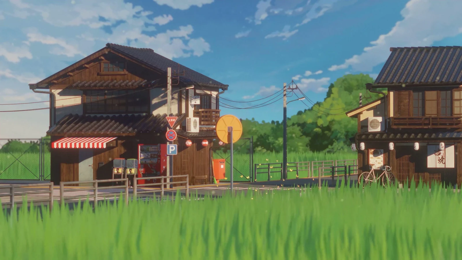 Sunny Japanese Rural Village - Anime Digital Art 4K Wallpaper (3840x2160)