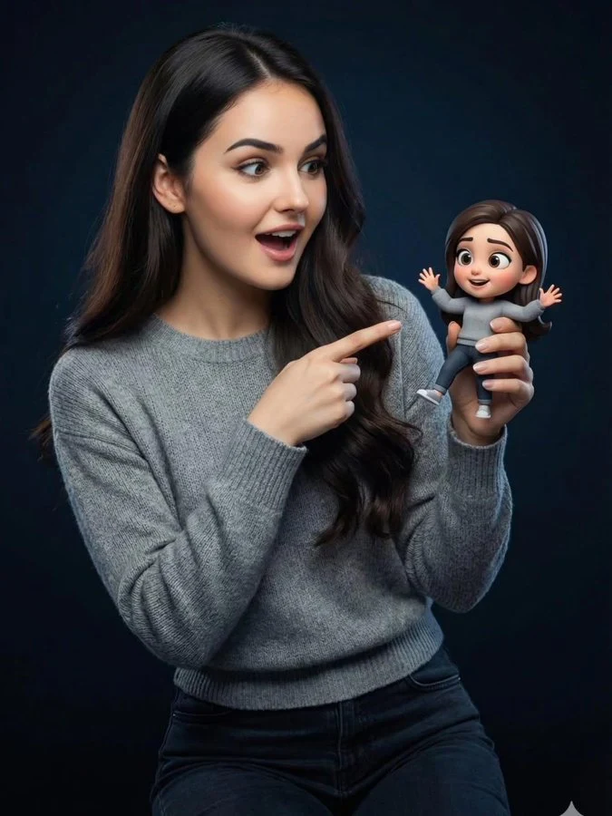 Crea un retrato de estudio que combine a una persona real con una pequeña versión animada en 3D al estilo Pixar de sí misma en una interacción lúdica y caprichosa.