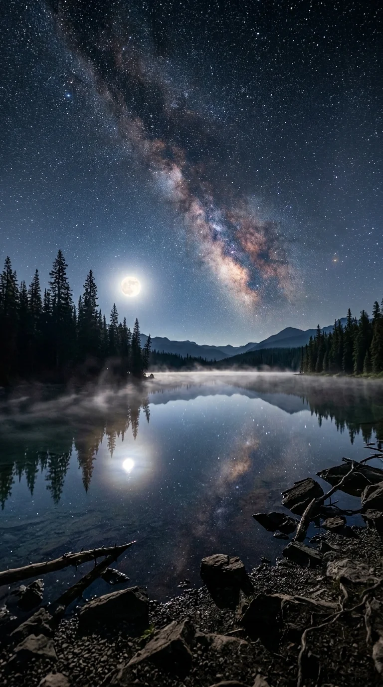 Reflective Starry Night Sky over Pine Forest Lake - Free 4K mobile Wallpaper