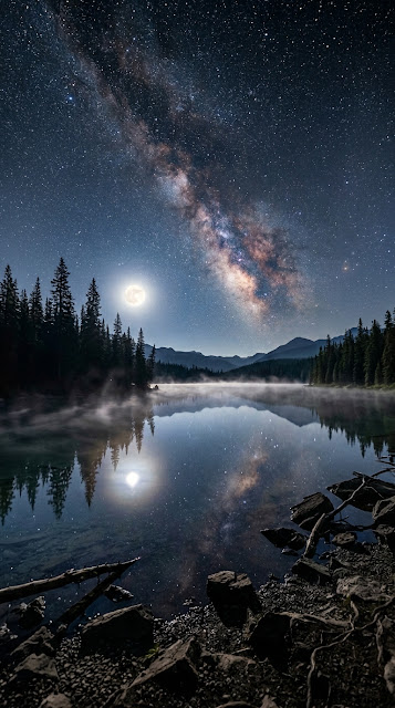 Reflective Starry Night Sky over Pine Forest Lake - Free mobile Wallpaper