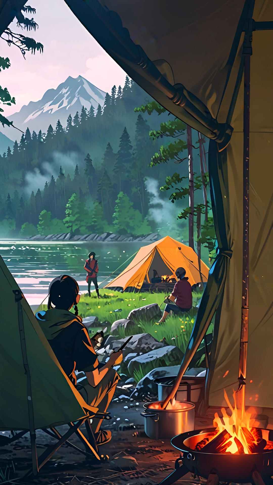 Lakeside Camping View from Tent with Campfire and Mountains - Free 4K mobile Wallpaper