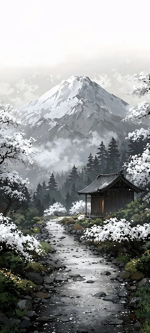 Japanese Shrine and Stream with Snow Capped Mountain