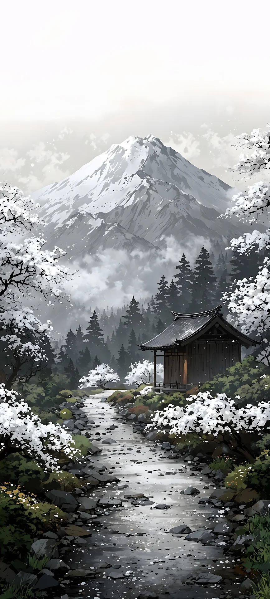 Japanese Shrine and Stream with Snow Capped Mountain - Free 4K mobile Wallpaper