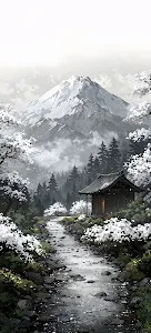 Japanese Shrine and Stream with Snow Capped Mountain