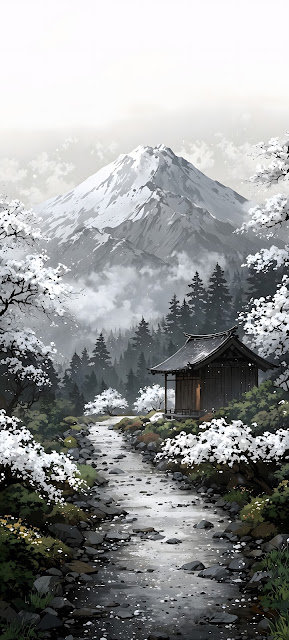 Japanese Shrine and Stream with Snow Capped Mountain - Free mobile Wallpaper