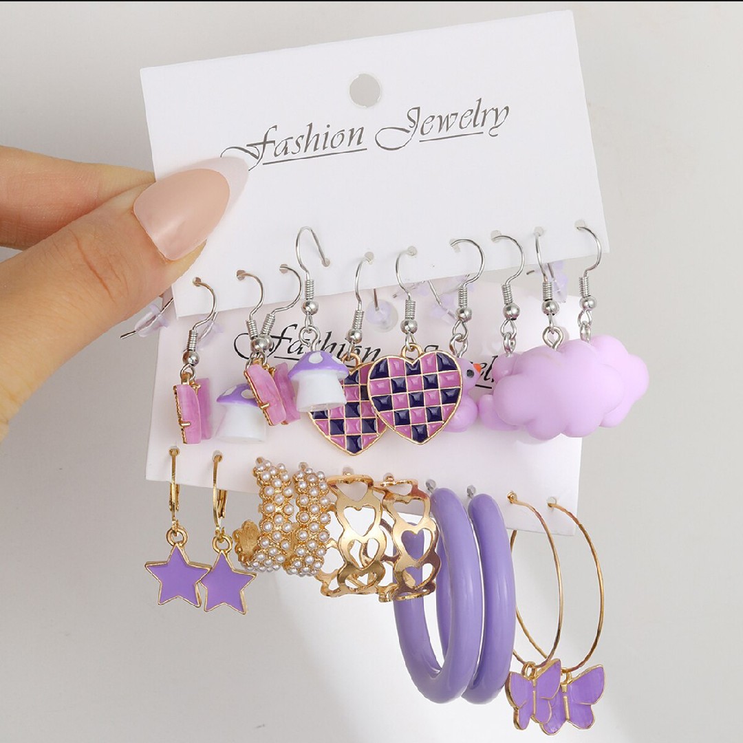 10pcs Set Of Ladies Earrings Purple Pentagram Creative Pearl Duck Mushroom Cartoon Earrings