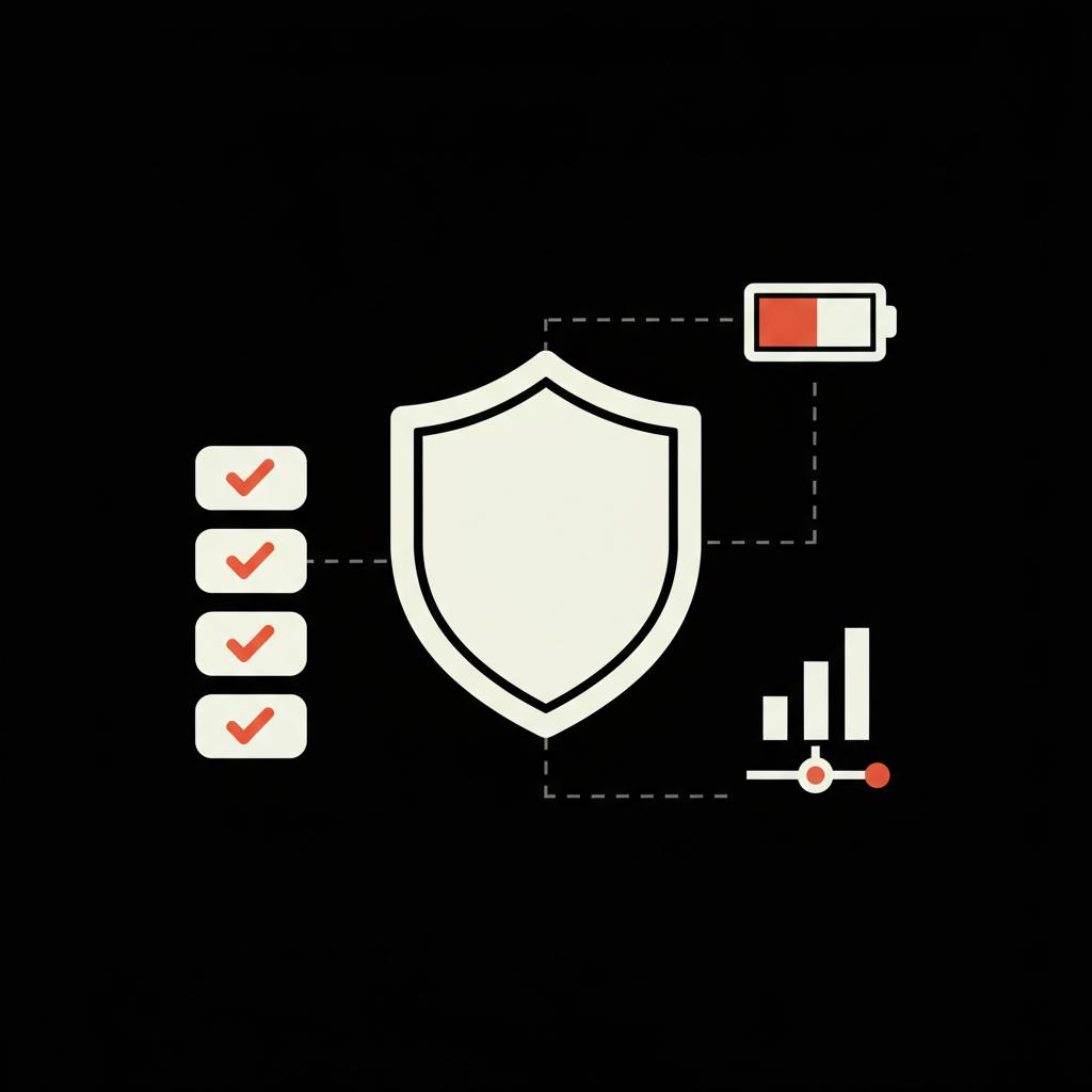 Flat 2D vector infographic of checklist, shield, battery and data icons on a black background showing indicators for how to know if my WhatsApp is being monitored