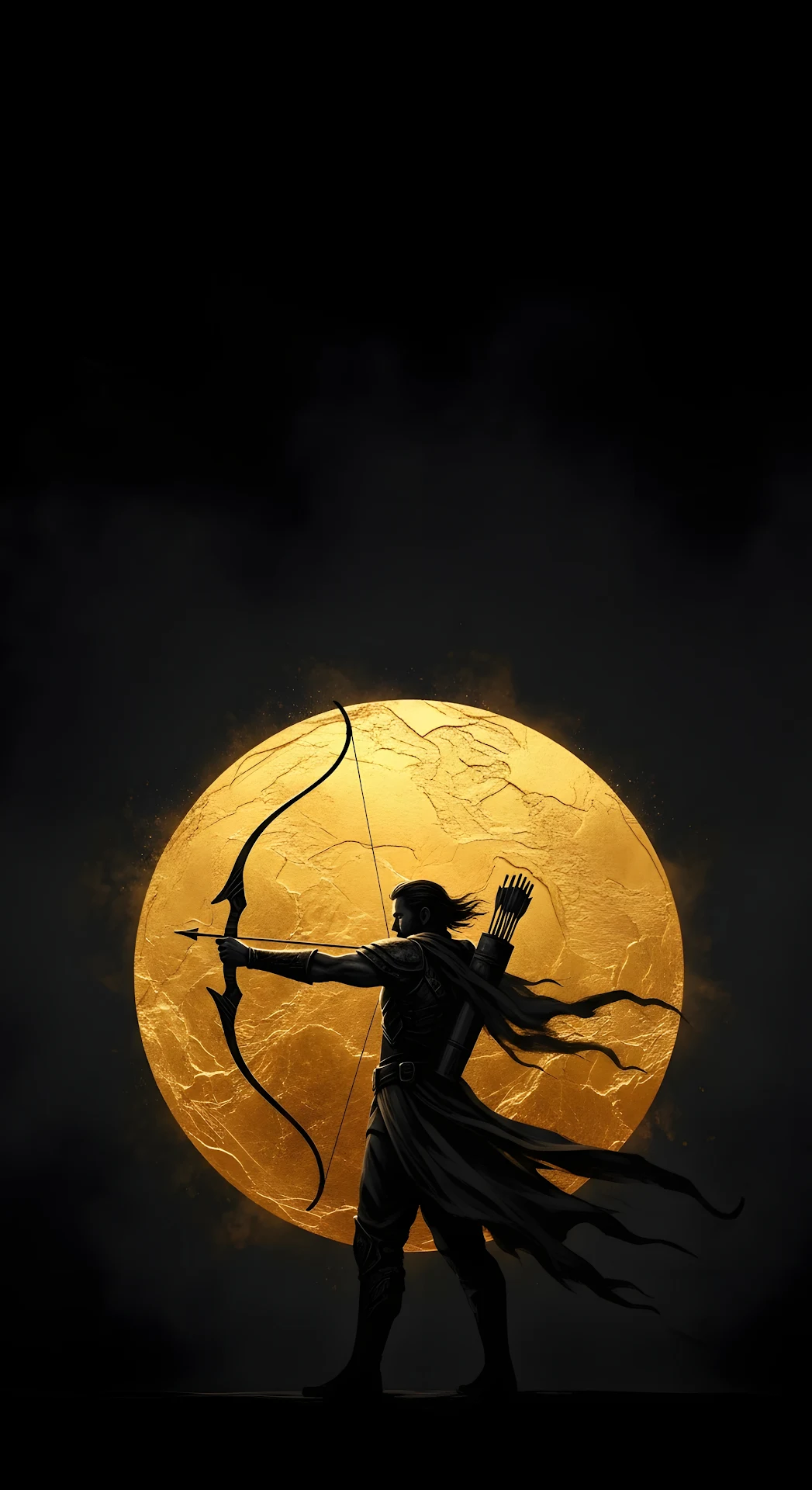 Dramatic Dark Archer Warrior Silhouette Against Textured Golden Sun Art - Free 4K mobile Wallpaper