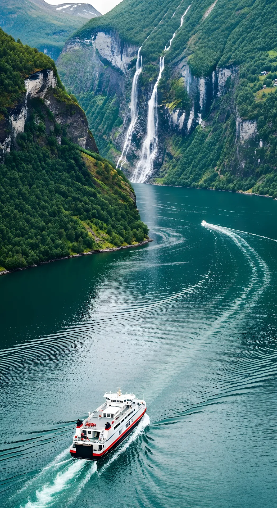 Ferry Cruising Geiranger Fjord Past Seven Sisters Waterfall - Free 4K mobile Wallpaper