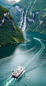 Ferry Cruising Geiranger Fjord Past Seven Sisters Waterfall