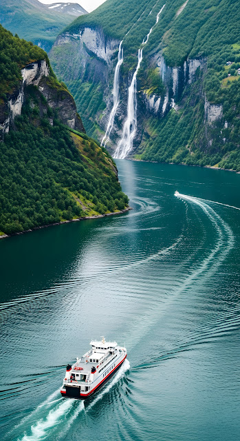 Ferry Cruising Geiranger Fjord Past Seven Sisters Waterfall - Free mobile Wallpaper
