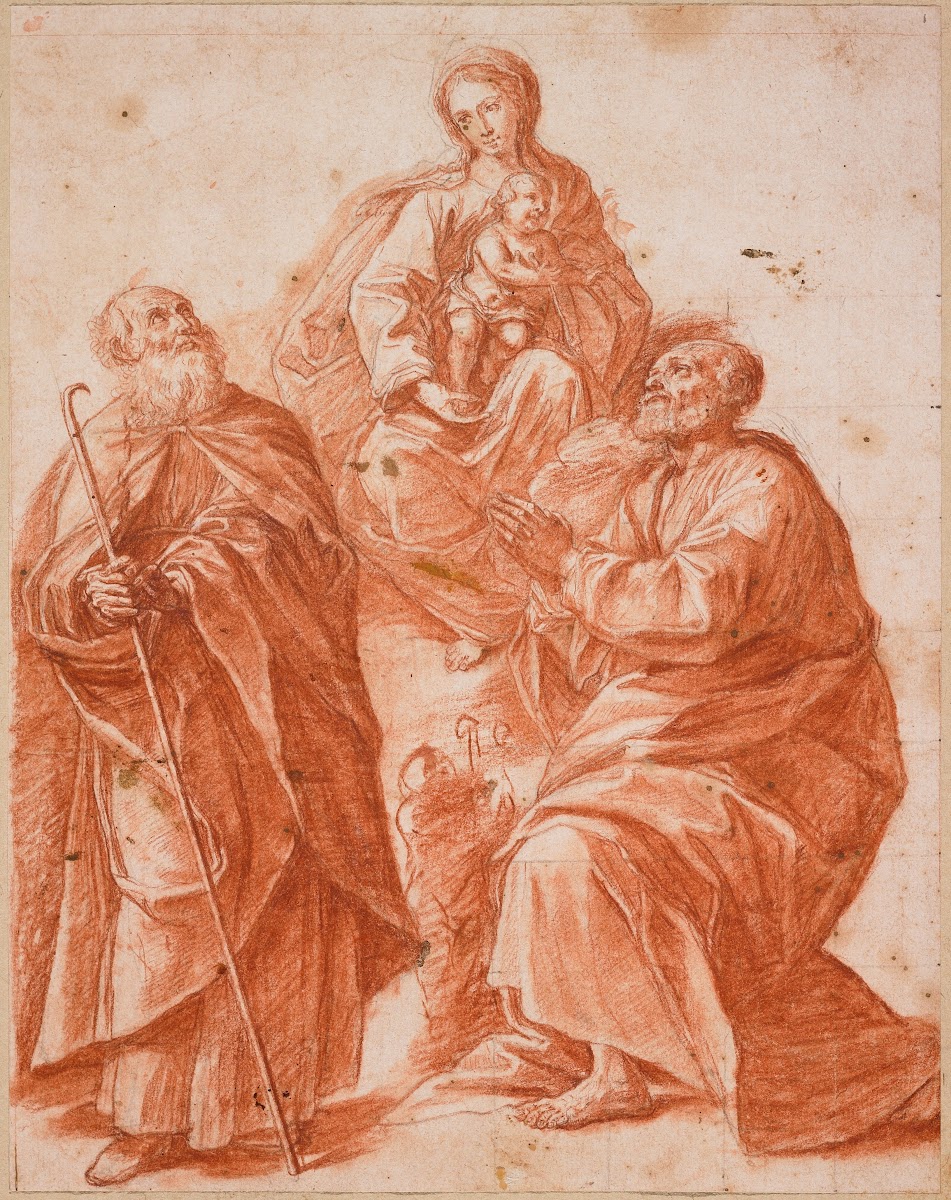 Madonna And Child Adored By Two Male Saints 17th Century