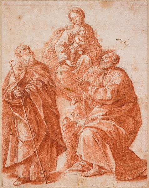 Madonna And Child Adored By Two Male Saints 17th Century