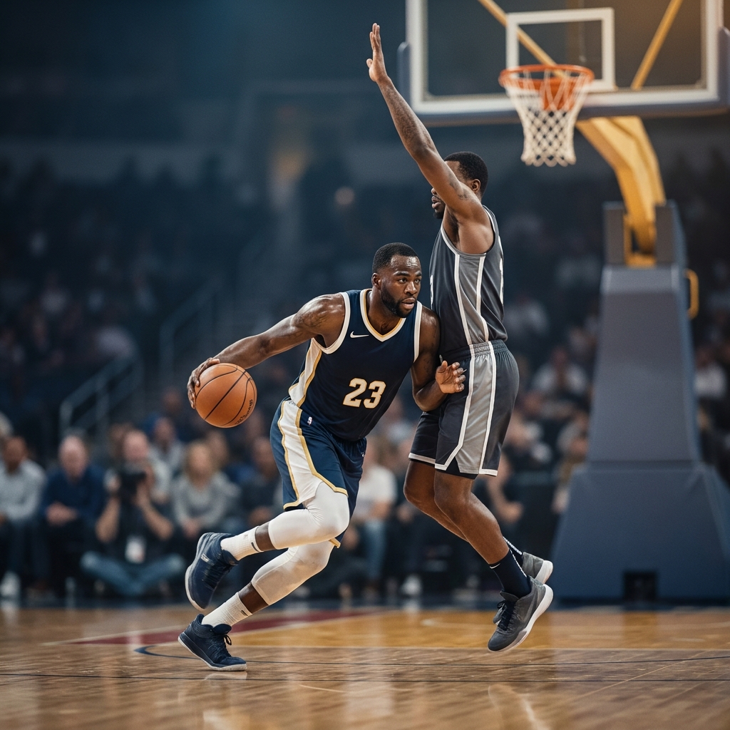 Cinematic faceoff of a two way star driving to the rim with a rim protector preparing to contest the shot in a minimalist Funded Plays palette bulls prediction
