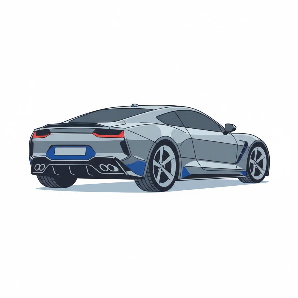 Minimalist 2D vector rear three quarter of a sports coupe showing exhaust and tire contact patch on white background bmw m2 for sale