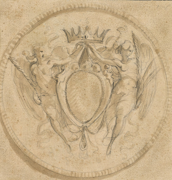 Coat of Arms of the Rezzonico Family capped by a Princely Crown and Supported by
