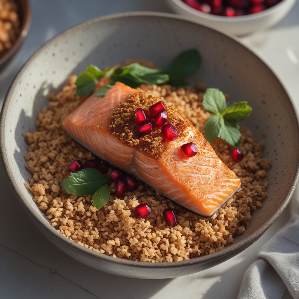 Crispy Sumac-Spiced Salmon & Freekeh Protein Power Bowl with Pomegranate-Ginger Glaze